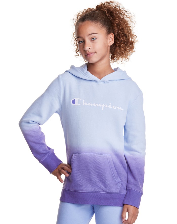 Champion Pige Hættetrøje Blå/Lilla - Fleece Dip-Dye Script Logo - Danmark JDW-124690